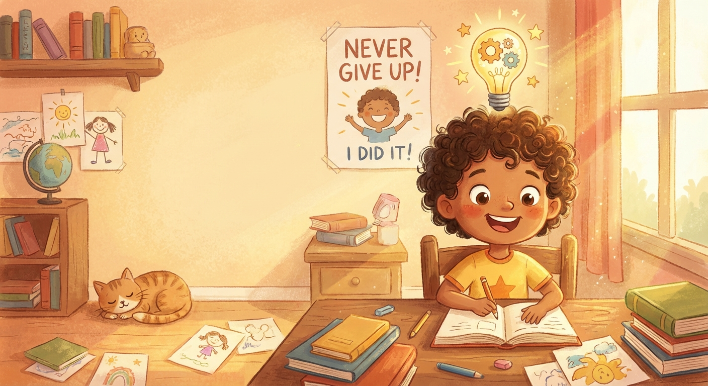 Child focused on homework with lightbulb moment